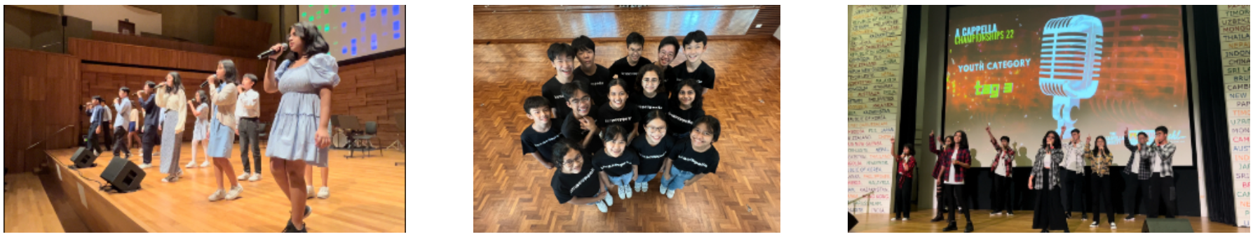 Three photos of youth a cappella group performing on stage, posing in black shirts, and celebrating at a championship event.